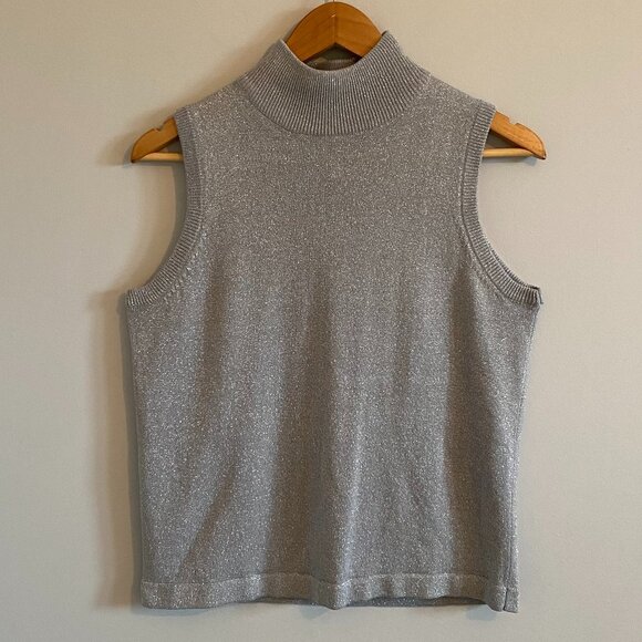 Vintage 90s Sparkling Knit Turtleneck Sleeveless Sweater Grey/Silver Metallic - Picture 1 of 8
